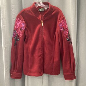Bob Mackie Wearable Art Fleece Zip Up Jacket Red Embroidered Floral Size Large